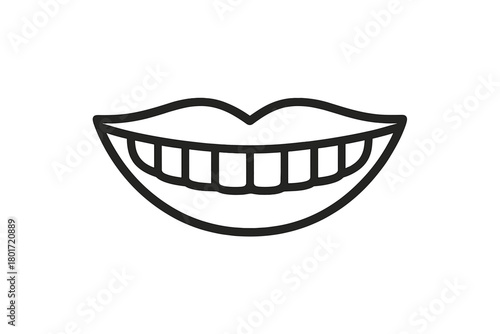 Simple black and white line art icon of a wide smiling mouth showing healthy white teeth