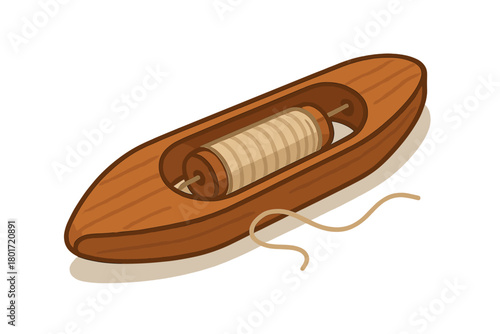 Traditional wooden weaving shuttle with yarn spool used for textile production