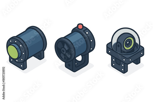 Isometric icons set featuring specialized underwater cameras and sensors for security and exploration