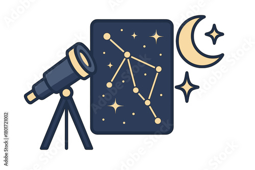 Telescope observing constellation chart with crescent moon and stars