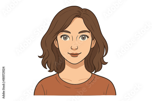 Close-up portrait of young woman with wavy brown hair and blue eyes