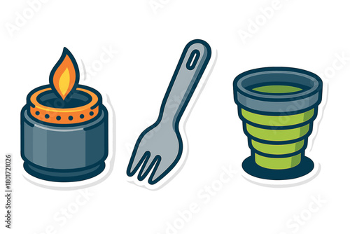 Camping cooking utensils icons featuring stove, fork, and collapsible cup