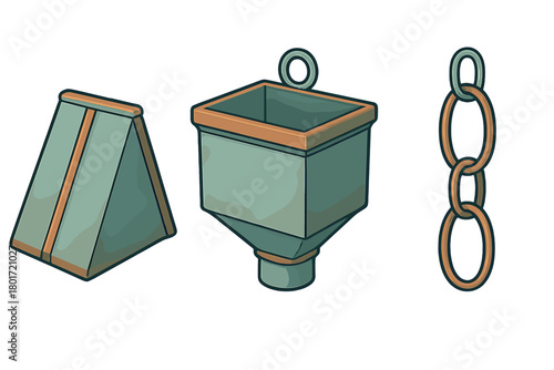 Isometric collection of rain gutter components including hopper, downspout section, and chain