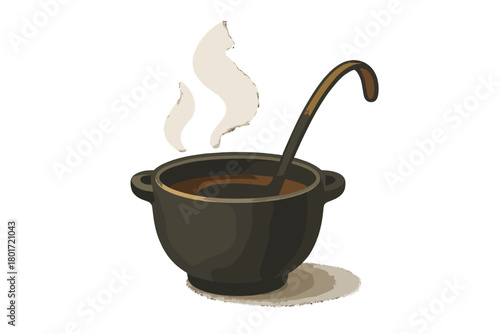 Steaming hot soup in dark cast iron cooking pot with ladle
