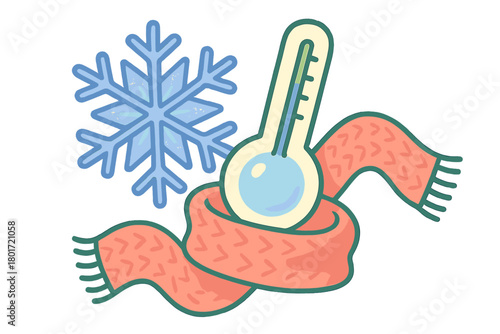 Thermometer wearing a knitted scarf beside a large blue snowflake symbolizing winter cold