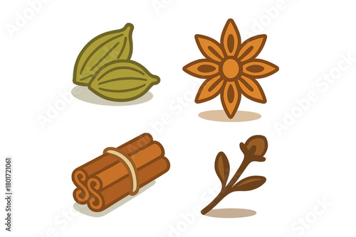 Whole baking spices icons: cardamom, star anise, cinnamon, and cloves assortment