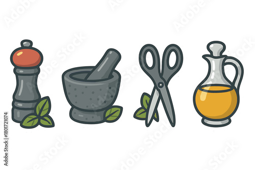 Set of stylized cooking preparation tools with fresh herbs and oil cruet