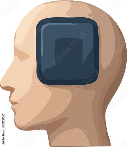 A side-profile human head icon with a large dark blue square implant on the temple, symbolizing artificial intelligence integration and augmented cognition.