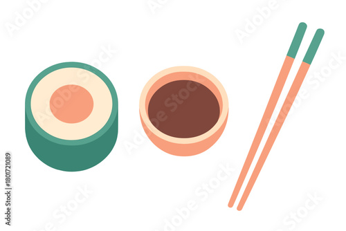 Sushi roll with soy sauce and chopsticks on white background