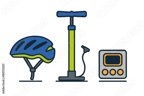 Bicycle safety helmet floor pump and tire pressure gauge icons