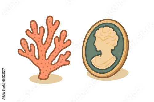 Coral branch and antique cameo profile portrait jewelry icon set