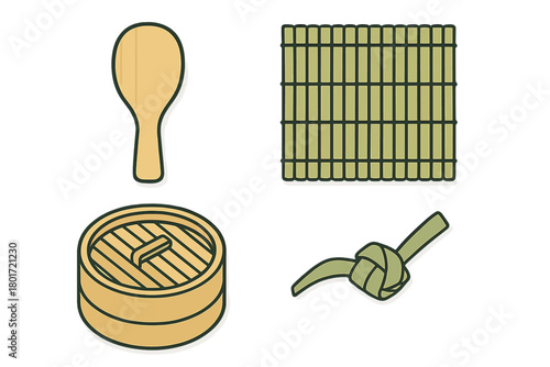 Set of Asian cooking utensils and bamboo mat icons