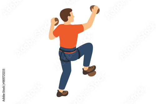 Man ascending climbing wall holding rock holds from behind view