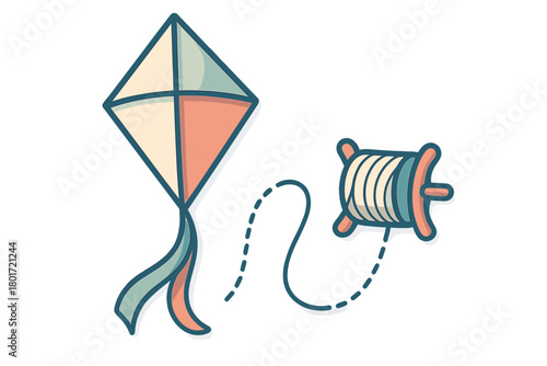 Diamond kite with string and reel isolated on white background