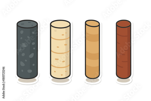 Set of four cylindrical cork stoppers in different colors and textures