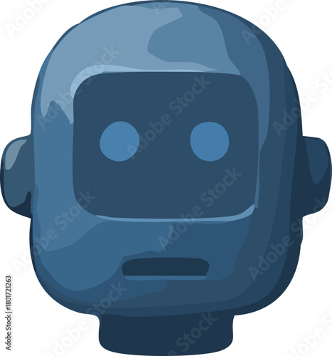 A simple dark-blue robot head icon with a smooth rounded shape, two circular eyes, and a minimal expressionless face plate.