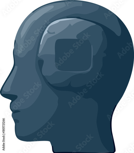 A dark blue side-profile head icon featuring a simplified square implant shape to represent artificial intelligence or cognitive augmentation.