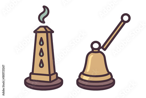 Stylized religious candle and hand bell icons collection