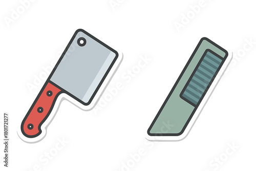 Butcher cleaver and folding comb simple icons on white background