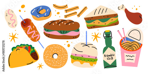 Street food stickers set in retro cartoon style. Fast food elements, burgers, taco, sandwich, french fries, donut, noodles, ketchup, chicken nuggets and other tasty snacks. Vector illustrations