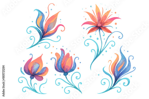 Set of five stylized fantasy floral elements with vibrant blue and orange tones