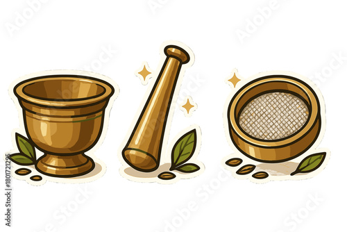 Golden mortar pestle and spice sifter sticker set icons