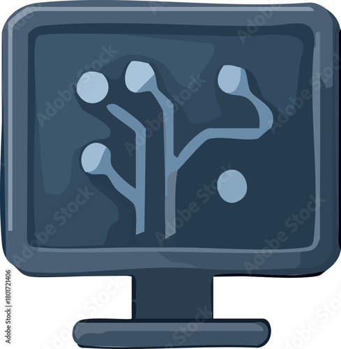 A dark blue computer monitor icon displaying a simplified neural-circuit tree, symbolizing artificial intelligence and digital connectivity.