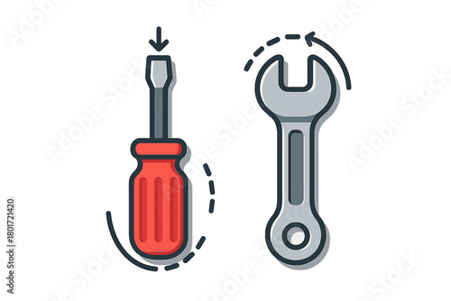 Screwdriver and wrench tools with action indicators for repair