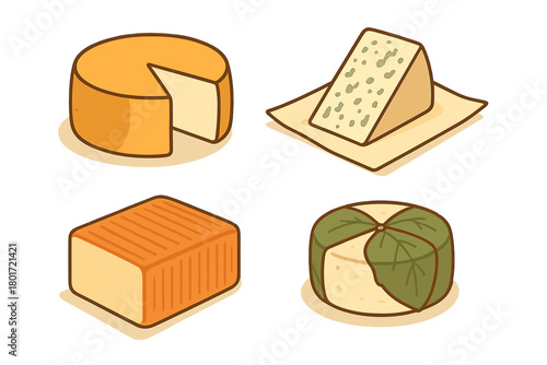 Four assorted cheese types displayed in an isometric perspective