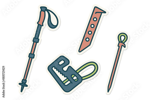 Colorful assortment of hiking and climbing gear icons for outdoor adventure