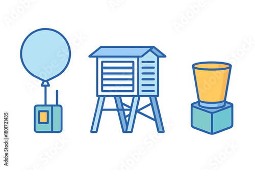 Weather monitoring instruments including balloon shelter and rain gauge icons