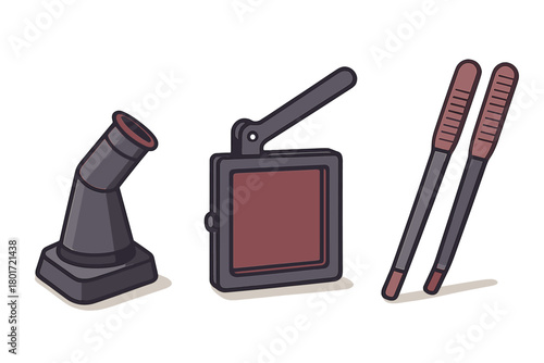 Set of makeup compact powder puff and cosmetic applicators icons