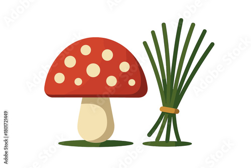 Red and white spotted mushroom next to bundle of green chives