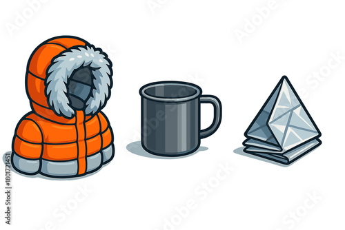 Winter expedition gear icons: parka, metal mug, and folded map for survival