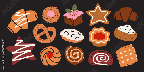 Traditional Christmas sweets elements. Baked goods, various sweets, cake, gingerbread, cookies, chocolate roll. Winter holiday baking set for greeting cards, recipe book, badges, stickers