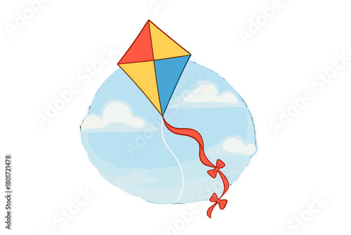 Vibrant diamond kite soaring high in clear blue sky with soft white clouds