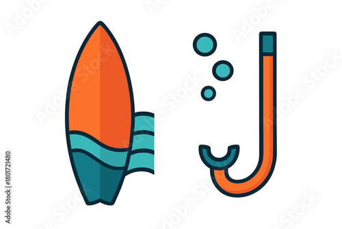 Surfboard and snorkeling gear icons with ocean waves and bubbles