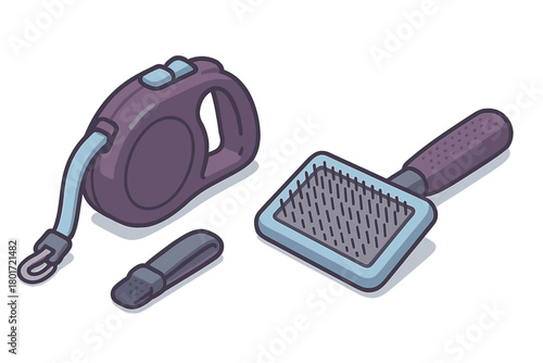 Isometric set of retractable dog leash and slicker brush grooming tools