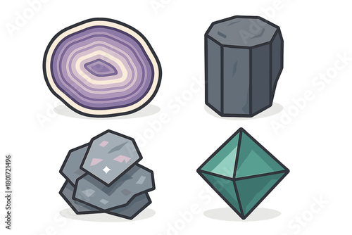 Stylized icons of various geological minerals and crystals