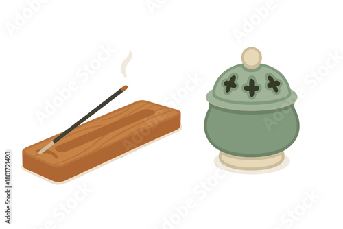 Lit incense stick on wooden holder and ceramic censer set for relaxation