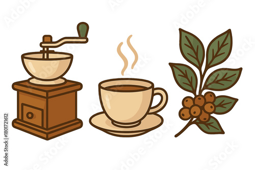 Set of icons for coffee preparation and raw bean branch elements