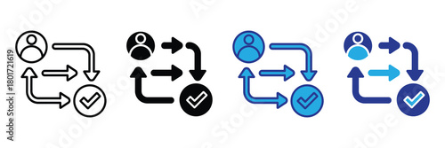 Workflow process icon with user and checkmark, illustrating steps and completion for business, project management, or system design.