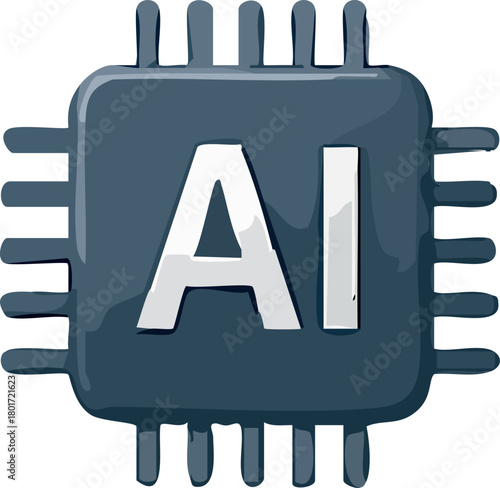 A dark blue microchip icon with metallic highlights and large white “AI” lettering in the center, symbolizing artificial intelligence hardware.