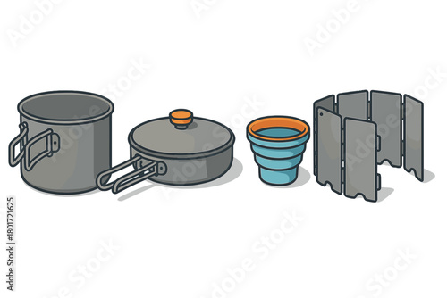 Compact camping cookware set with collapsible cup and windscreen