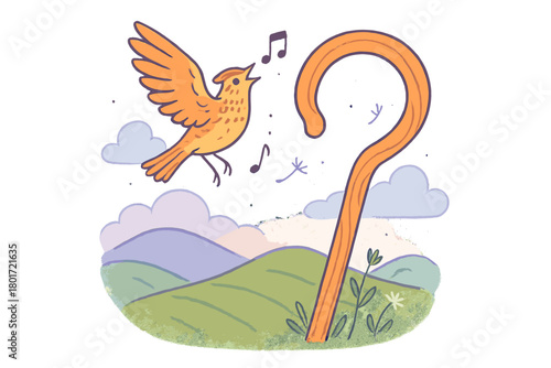 Cheerful songbird flying above rolling green hills near wooden staff