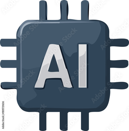 A dark blue microchip icon with metallic highlights and large white “AI” lettering in the center, symbolizing artificial intelligence hardware.