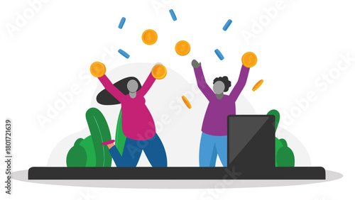 Joyful diverse characters celebrating and throwing shiny gold coins in a festive and prosperous scene symbolizing good fortune and abundance