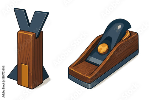 Traditional woodworking tools including hand plane and marking gauge