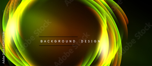 Abstract glowing layers create circular design. Green, yellow, orange hues blend, forming dynamic background. Text reads background design.