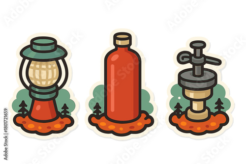 Camping gear icons set with lantern fuel container and pump